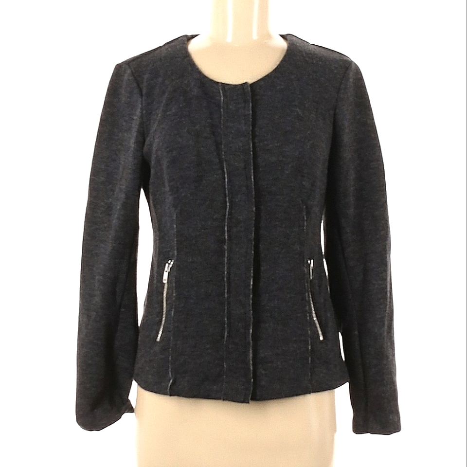 Anthro Drew Jacket Blazer Size M Charcoal Gray Hidden Snap Front Silver Zipper